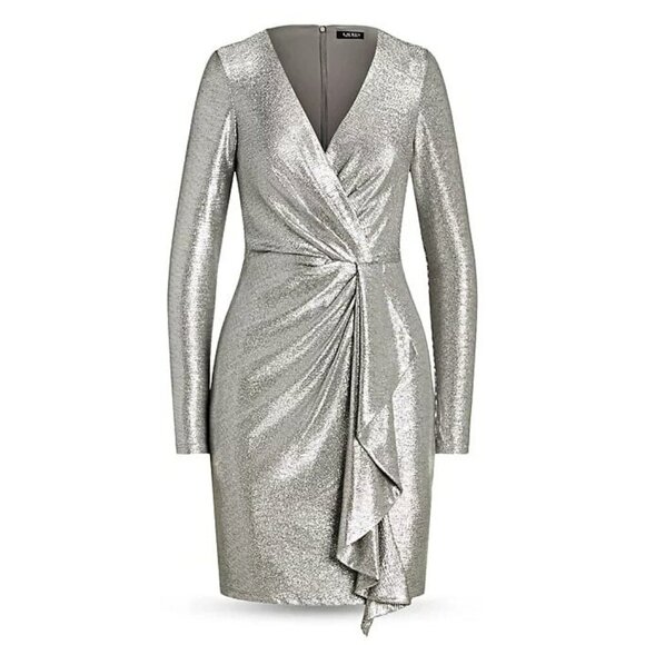 Ralph Lauren Women's Metallic Knit Surplice Cocktail Dress Size 8 (MSRP $245) - Picture 1 of 8